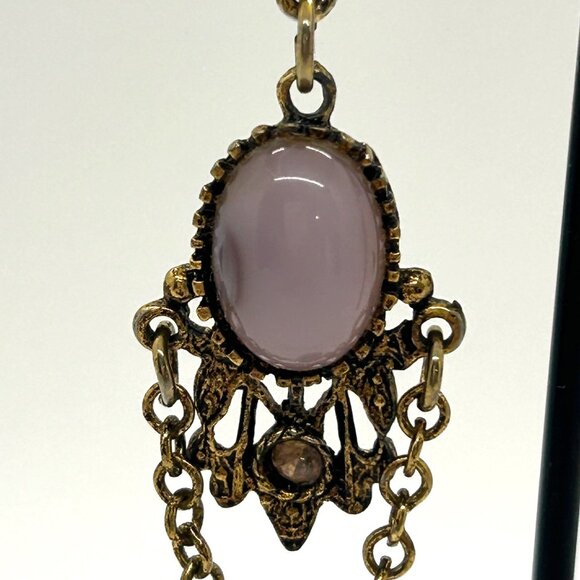 Vintage Gold Tone Drop Earrings Lavender Cabochons & Chain Dangles Elegant Retro - Picture 2 of 15